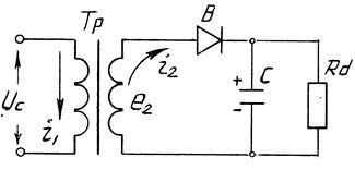 Построить кривую изменения тока i<sub>1</sub> в первичной обмотке трансформатора и напряжения на  вентиле В, в предположении, что вентиль В и трансформатор  Тр идеальны