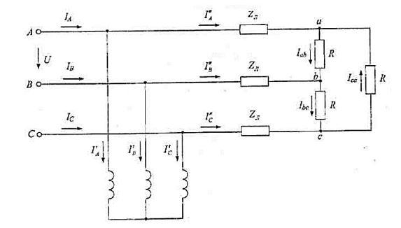 Дано <br />Напряжение сети U = 220 В; <br />Напряжение U<sub>дв</sub> = 220⁄127 В;<br /> Мощность P<sub>н</sub> = 11 кВт;<br /> Коэффициент cosφ = 0,90; КПД η=88%; <br />Сопротивление линии в комплексной форме Z<sub>л</sub>=1+8j Ом; <br />Сопротивление фазы печи R = 15 Ом;