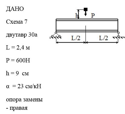 Ударное  действие  нагрузок<br /> Требуется:<br /> 1)	определить наибольшее нормальное напряжение в балке; <br />2)	решить аналогичную задачу при условии, что правая (либо левая) опора заменена пружиной, податливость которой (т. е. осадка от груза весом  10 кН) равна α; <br />3)	сравнить полученные результаты.