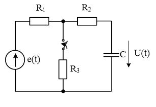 В цепи, содержащей элементы R1 = 2 кОм, R2 = 1 кОм, С = 1 нФ, и источник ЭДС e(t)=20∙sin(10<sup>6</sup>∙t+π/6) B, в момент времени t=0 замыкается ключ и подсоединяет резистор R3 = 1 кОм. Найти напряжение на конденсаторе U(t), пользуясь классическим методом расчета переходного процесса и построить график найденной зависимости, выделив свободную и вынужденную компоненты тока. Сравнить постоянную цепи с периодом источника.