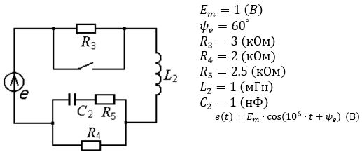 Найти переходный ток на входе цепи второго порядка, изображенной на схеме, и построить график его изменения в функции времени. ЭДС источника задана в виде <br /> e(t) = Em∙cos⁡(10<sup>6</sup>∙t+ψ<sub>e</sub>)  <br /> Принужденную составляющую тока рекомендуется найти методом комплексных амплитуд, а свободную – операторным
