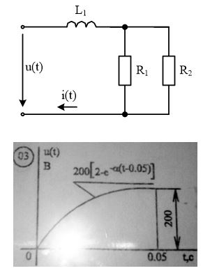 На вход схемы подается импульсное напряжение u(t), заданное графиком. Рассчитать при помощи интеграла Дюамеля переходный ток, указанный стрелкой на схеме, и построить график его изменения в функции времени<br /> R1 = 10 Ом; R2 = 20 Ом; L1 = 0.3 Гн<br /> Входной сигнал: <br />1) u(t) =200∙(2-e<sup>-α(t-0.05)</sup>), 0 < t ≤ 0.05 с;   <br />2) u(t) = 0, 0.05 с  < t < ∞.  
