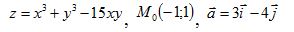 Дана функция z= f(x,y), точка M<sub>0</sub>(x<sub>0</sub>; y<sub>0</sub>), вектор a.<br />Требуется <br /> а) Найти частные производные I и II порядка; <br />б) Составить уравнения касательной плоскости и нормали в точке M<sub>0</sub>;<br /> в) Исследовать на экстремум; <br />г) Найти производную функции z в направлении вектора a в точке M<sub>0</sub>.