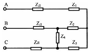 1. Определить все токи, напряжения и мощности на всех элементах цепи. <br />2. Определить мощность всей цепи по показаниям двух или трёх ваттметров, подключенных непосредственно к зажимам генератора. <br />3. Построить векторную диаграмму токов и топографическую векторную диаграмму напряжений. <br />4. Разложить аналитически и графически полученную систему токов генератора на симметричные составляющие.<br /> Дано: U<sub>AB</sub> = 250 В, U<sub>BC</sub> = 400 В, U<sub>CA</sub> = 400 В, Z<sub>Л</sub> = 1+j4 Ом, Z<sub>1</sub> = 15+j18 Ом, Z<sub>2</sub> = 24+j30 Ом, Z<sub>3</sub> = 14-j20 Ом, Z<sub>4</sub> = 20+j10 Ом