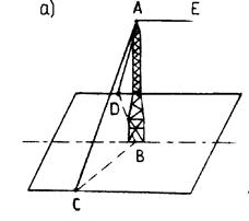 Горизонтальный провод АЕ, натяжение которого равно 400 Н, подвешен к вертикальному столбу АВ, укреплённому оттяжками АС и АD, расположенными симметрично относительно плоскости ВАЕ. <br />Известно: АВ = 5 м, ВС = BD = 4 м, ∠СВD = 150°. <br />Определить натяжение оттяжек и усилие в столбе