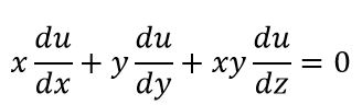 Задача 1193 из сборника Филиппова<br />Найти решение уравнения, удовлетворяющее указанным условиям:  x ∂u/∂x + y ∂u/∂y + xy ∂u/∂z = 0;  u = x<sup>2</sup> + y<sup>2</sup>при z = 0.