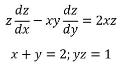 Задача 1201 из сборника Филиппова<br />Найти поверхность, удовлетворяющую данному уравнению и проходящую через данную линию. z ∂z/∂x - xy ∂z/∂y = 2xz;  x + y = 2, yz = 1.