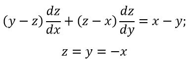 Задача 1203 из сборника Филиппова<br />Найти поверхность, удовлетворяющую данному уравнению и проходящую через данную линию. (y - z) ∂z/∂x + (z - x) ∂z/∂y = x - y;  z = y = -x.