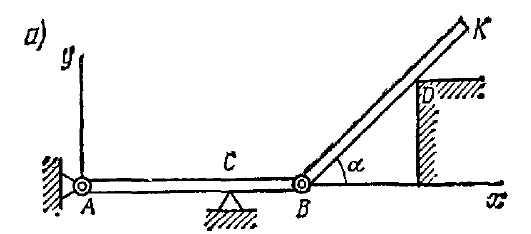 Горизонтальная балка  AB  весом Q = 200 H прикреплена к стене шарниром A и опирается на опору C (рис. 1.17, а). К ее концу  B шарнирно прикреплен брус BK весом P = 400 H, опирающийся на  выступ D. При этом CB = AB/3, DK =BK/3, угол α = 45°. Определить  реакции опор, считая балку и брус однородными.