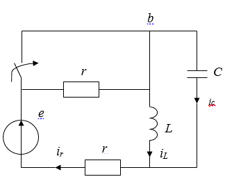 Определить ток в цепи не содержащей индуктивность и источник энергии (i<sub>C</sub>)<br />Дано: Em = 100В; Im = 10А; ω = 1000 (рад/с);   k=0,5;  de/dt>0; r = 10 Oм;  L=4*10<sup>-2</sup> Гн;  C= 10<sup>-4</sup> Ф