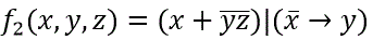 Для функции f<sub>2</sub> (x,y,z)=(x+(yz)|(x →y) составить таблицу истинности. Найти по ней полином Жегалкина, СДНФ, СКНФ. По карте Карно упростить  СДНФ и нарисовать эквивалентную РКС.