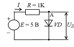 Обратный ток насыщения диода с барьером Шоттки равен 2 мкА. Диод соединен последовательно с резистором и источником постоянного напряжения Е = 0,2 В так, что на диод подается прямое напряжение (рисунок). Определить сопротивление резистора, если падение напряжения на нем равно 0,1 В. Диод работает при Т = 300 К.