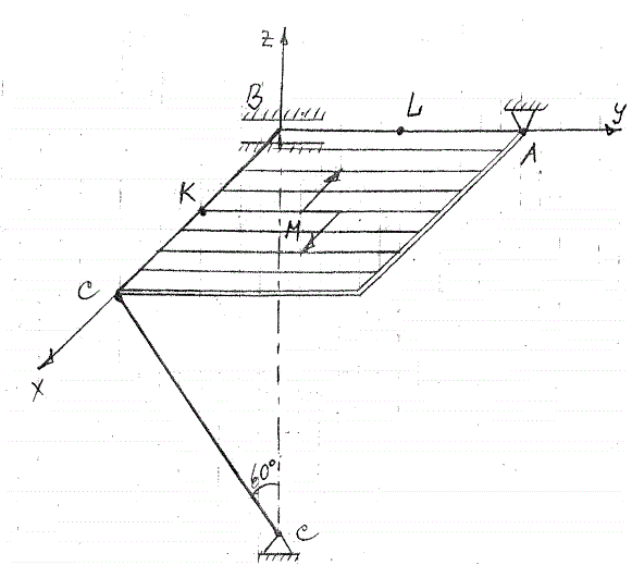 Однородная прямоугольная плита весом Р=3 кН закреплена сферическим шарниром в точке А, цилиндрическим шарниром в точке В и невесомым стержнем СС’(рисунок). На плиту действует сила F и пара сил с моментом М=4 кН*м(в плоскости плиты). Значение силы F, направление и точка ее приложения указаны в таблице С2. Точка приложения силы F(K,L)  находится в середине соответствующей стороны плиты. Определить реакции опор А, В и стержня СС’ при  следующих значениях размеров плиты АВ=1,2 м, ВС=1,8м.
