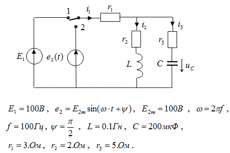 В электрической цепи действует источник постоянной ЭДС  Е1. В момент времени t = 0  цепь подключается к источнику синусоидальной ЭДС e(t)=E<sub>m2</sub>sin(2πf·t+Ψ). <br />Требуется: <br />- определить закон изменения во времени напряжения на каком-либо элементе схемы или тока в одной из ветвей схемы после коммутации (согласно варианту); <br /> - задачу решить классическим и операторным методами; <br />- построить график изменения во времени искомой величины.              Значения параметров элементов схемы приведены ниже в исходных            условиях.