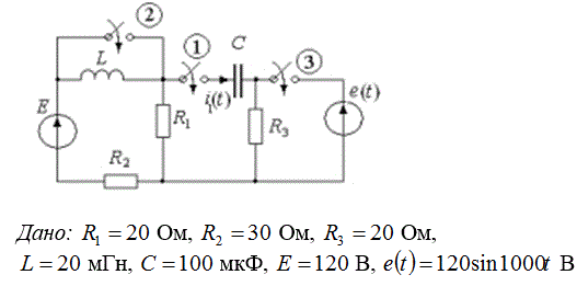 Необходимо: <br />1. Рассчитать классическим методом ток i1(t) на трех этапах, соответствующих последовательному замыканию (или размыканию) трех ключей. <br />2. Рассчитать тот же ток i1(t) операторным методом. Для первой и второй коммутации воспользоваться операторным методом для полных составляющих тока, для третьей коммутации применить операторный метод для свободной составляющей тока. <br />3. Построить график зависимости i(t) для трех этапов.
