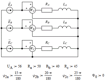 Расчет трехфазной электрической цепи <br />1. Составить расчетную схему включения приемников <br />2. Составить схему включения ваттметров для измерения активной мощности<br /> 3. Определить линейные токи <br />4. Построить векторные диаграммы электрического состояния цепи <br />5. Определить потребляемую полную, активную и реактивную мощности приемнико