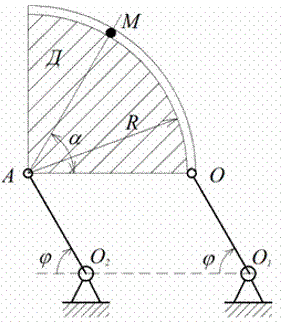 Точка M движется относительно тела D. По заданным уравнениям относительного движения точки M и движения тела D определить для момента времени t=t<sub>1</sub> абсолютную скорость и абсолютное ускорение точки M.