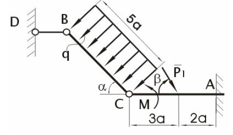 Механическая система состоит из 2-х балок   BC и  AC, соединенных между собой цилиндрическим шарниром C. В точке A балка CA закрепляется  в вертикальной стенке с помощью жесткой заделки, в точке B - с помощью  невесомого стержня BD.  Система нагружена равномерно  распределенной нагрузкой интенсивностью q, парой сил с моментом M и силой P<sub>1</sub>. Необходимо определить реакции в точках A, B, C  и характер  изменения этих реакций в зависимости от направления действия силы P<sub>1</sub> ( угла β). Весом балок и трением в шарнирах пренебречь.<br /> Дано: q = 4,8 Н/м, P<sub>1</sub> = 1,5 Н, M = 1 Н·м, a = 1,2 м, α = 60°. Определить: R<sub>AX</sub>(β),  R<sub>AY</sub>(β), R<sub>A</sub>(β), R<sub>CX</sub>(β), R<sub>CY</sub>(β), R<sub>C</sub>(β), R<sub>B</sub>(β), M<sub>A</sub>(β).