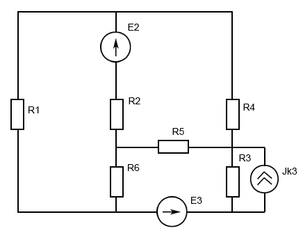 Для электрической схемы, представленной на рисунке, выполнить следующее: <br />1) Определить токи во всех ветвях схемы методом контурных токов. <br />2) Для полученного решения составить баланс мощности. <br />3) Произвести определение тока I1 методом эквивалентного генератора. <br /> 4) Определить сопротивление схемы относительно зажимов резистора R6. <br />Вариант 11 (схема 9)<br /> Дано: R1 = 7 Oм, R2 = 12 Oм, R3 = 4 Oм, R4 = 9 Oм, R5 = 15 Oм, R6 = 8 Oм, E2 = 20 B, E3 = 8 B, Jk3 = 0.5 А