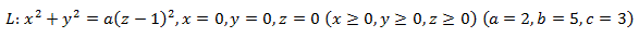 Найти циркуляцию вектора F = byi + cxj + zk  по контуру<br />L: x<sup>2</sup> + y<sup>2</sup> = a(z-1)<sup>2</sup>, x = 0, y = 0, z = 0 (x ≥ 0, y ≥ 0, z ≥ 0) (a = 2, b = 5, c = 3)