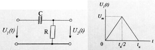 На входе цепи, состоящей из сопротивления R= 10 Ом и конденсатора C = 400 нФ, действует одиночный импульс напряжения U1(t) с амплитудой Um = 80 мВ и длительностью tu = 4 мкс. Определить переходную и импульсную функции цепи по напряжению. Пользуясь интегралом Дюамеля, найти форму выходного импульса U2(t). Построить графики U1(t) и U2(t) в одном масштабе.