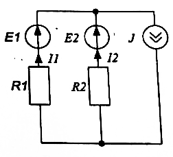 Определите напряжения на резисторе R<sub>1</sub> электрической цепи (рис), если: E<sub>1 </sub>= 11 B, E<sub>2</sub> = 2B, J = 3A, R<sub>1</sub> = 10 Ом, R<sub>2</sub> = 2 Ом.