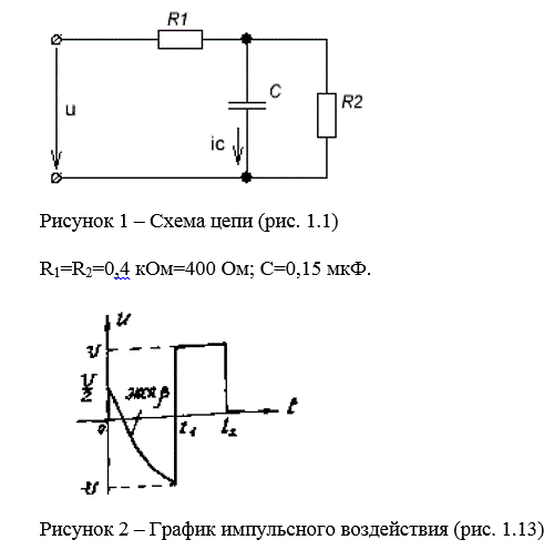 На вход электрической цепи 1-го порядка подается сигнал кусочно-аналитической формы с параметрами U=9 B; t1=200 мкс; t2=50 мкс; β=5.103 с<sup>-1</sup>. <br />1.	Рассчитать переходную и импульсную характеристики цепи. <br />2.	С помощью интеграла Дюамеля или интеграла свертки найти заданную переменную при заданном воздействии и интервале времени 0≤t≤∞ <br />3.	Рассчитать и построить график этой переменной, совместив его с графиком возмущающей функции в интервале времени от 0 до tпер (tпер  - время переходного процесса; принимается равным времени уменьшения переменной в 20 раз по сравнению с максимальным значением). <br />4. Добиться уменьшения искажения формы сигнала (искажения фронта, искажения вершины), за счет соответствующего изменения постоянной времени цепи τ. Изменение τ произвести за счет изменения величины реактивного элемента и рассчитать их новые значения.<br /> Вариант 21