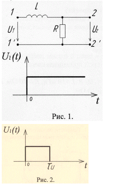 Дано:  R = 100 Ом, L = 20 мГн, U<sub>1</sub> = 2 Вб, τ<sub>U</sub> = 0,1 мкс. <br />1.	Найти переходную и импульсную характеристики цепи, схема и величины параметров элементов которой приведены ниже. Параметры внешнего воздействия, представлены скачком напряжения (рис. 1). Реакция цепи на внешнее воздействие - напряжение на зажимах 2-2’. <br />2. Определить реакцию цепи для заданной схемы на воздействие прямоугольного импульса (рис.2) по переходной характеристике цепи. <br />3.Определить реакцию цепи для заданного воздействия (пункт 2) по ее импульсной характеристике. 