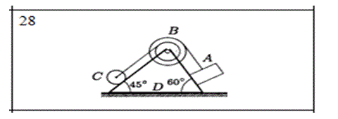 Механическая система состоит из груза А массой m<sub>A</sub> = 9 кг, блока В массой m<sub>B</sub> = 3 кг; (большой радиус R = 60 см, меньший r = 40 см), цилиндра С массой m<sub>C</sub> = 19 кг и радиуса R<sub>C</sub> = 30 см и призмы D массой m<sub>D</sub> = 59 кг находящейся на горизонтальной плоскости. Трение между призмой и плоскостью отсутствует. Груз А получает перемещение S<sub>A </sub> = 1 м относительно призмы вдоль ее поверхности влево. Куда и на какое расстояние переместиться призма?