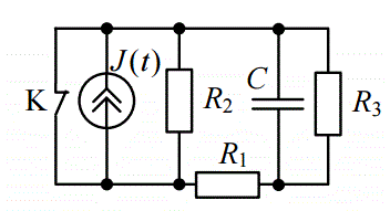 Переходные процессы в цепях с сосредоточенными параметрами <br /> Вариант 17<br /> Дано: схема 1.5, J<sub>0</sub> = 0.2 A, a·τ = 2, C = 10 мкФ, R1 = 40 Ом, R2 = 60 Ом, R3 = 100 Ом