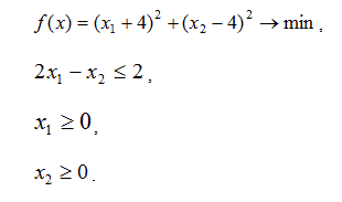 Методы последовательной безусловной минимизации <br /> Методом штрафов решить задачу <br />  f(x) = (x<sub>1</sub> +4)<sup>2</sup> + (x<sub>2</sub> - 4)<sup>2</sup> → min <br /> 2x<sub>1</sub> - x<sub>2</sub> ≤ 2 <br /> x<sub>1</sub> ≥ 0 <br /> x<sub>2</sub> ≥ 0