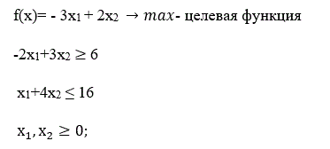 Методы решения задач линейного программирования <br /> Геометрически и симплекс-методом решить задачу: <br /> f(x)= - 3x<sub>1</sub> + 2x<sub>2</sub>  →max- целевая функция<br />  -2x<sub>1</sub>+3x<sub>2</sub> ≥ 6 <br />  x<sub>1</sub>+4x<sub>2</sub> ≤ 16 <br />  x<sub>1</sub>,x<sub>2</sub> ≥ 0;