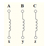 Трехфазный двигатель Uф = 220 В <br />Нарисовать схему подключений для линейных напряжений: <br />Uл1 = 220 В; Uл2 = 380 В.