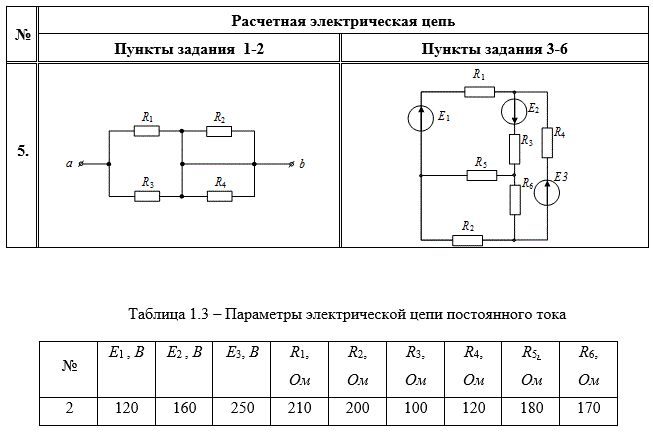 <b>Анализ линейных цепей постоянного тока</b> Преобразование цепи. <br /> 1. Найти величину эквивалентного сопротивления цепи, преобразовав электрическую цепь, заданную первой цифрой варианта (таблица 1.2). Величины сопротивлений резисторов – согласно таблице 1.3. <br />2. Найти входное сопротивление электрической цепи с помощью виртуального омметра в программе Multisim. Сравнить с результатом пункта 1. К клеммам схемы подключит источник питания. Измерить ток и напряжение на источнике. Рассчитать сопротивление схемы по закону Ома. <br />3. Расчёт неизвестных токов законами Кирхгофа. В этом пункте необходимо составить систему уравнений по I и II законам Кирхгофа для электрической цепи, заданной первой цифрой варианта (таблица 1.2). Рассчитать неизвестные токи в программе Mathcad. Составить уравнение баланса мощностей. <br />4. Методом компьютерного моделирования в программе Multisim, измерить токи в ветвях с помощью виртуальных приборов. Полученные значения сравнить с пунктом 4. <br />5. Методом эквивалентного генератора, найти ток в любой ветви (таблица 1.2). Данный пункт выполняется с помощью виртуального моделирования в программе Multisim. <br />6. Рассчитать потенциалы точек для внешнего контура (таблица 1.2) и построить потенциальную диаграмму.<br /> Вариант 5
