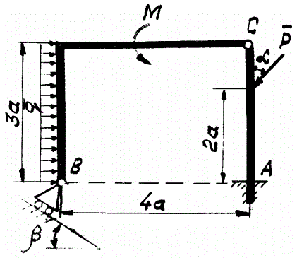 Задание С-2 <br />Определение реакций опор составной конструкции. <br />Определить реакции опор и давление в промежуточном шарнире заданной составной конструкции.<br /> Вариант 9 <br />  Дано: P = 22 кН, M = 6 кН·м, q = 1.2 кН/м, a = 2.0 м, α = 45°, β = 30°