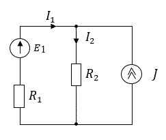 Метод наложения и метод уравнений Кирхгофа.   <br />Определить токи ветвей<br /> E1 = 100 В;  J = 1 А; R1 = 20 Ом; R2 = 40 Ом.