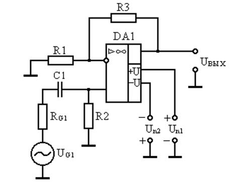 По заданной схеме на операционном усилителе необходимо: 1. Рассчитать сопротивление резисторов и ёмкости конденсаторов, выбрать их номиналы. 2. Выбрать операционный усилитель (ОУ) и сделать проверочный расчёт. 3. Определить максимальные амплитуды источников сигнала. Исходные данные: F<sub>н</sub>=75 Гц; R<sub>G1</sub>=3 кОм; K<sub>u1</sub>=15; D=26 дБ; M<sub>н</sub>=1.41; T<sub>m</sub>=40 ℃