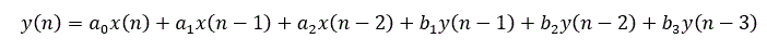 Построить структурную схему цифрового фильтра, заданного разностным уравнением: y(n) = a<sub>0</sub>x(n)+a<sub>1</sub>x(n-1)+a<sub>2</sub>x(n-2)+b<sub>1</sub>y(n-1)+b<sub>2</sub>y(n-2)+b<sub>3</sub>y(n-3)