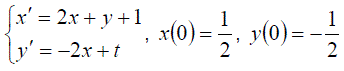 Найти решение систем методом Эйлера: <br /> x' = 2x + y + 1 <br /> y' = -2x + t <br /> x(0) = 1/2, y(0) = -1/2