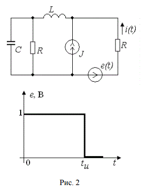 Для заданной цепи (рис.1) при импульсном источнике ЭДС (рис.2) и источнике постоянного тока J=20 мА провести следующие расчеты. <br />1. Рассчитать классическим методом указанный на схеме ток в функции времени и построить его график. <br />2. Рассчитать искомый ток на первом интервале операторным методом. <br />3. Изменить исходную схему, исключив конденсатор (для вариантов с нечетными номерами) или катушку индуктивности (для вариантов с четными номерами) и оставив один источник ЭДС или тока при заданном законе изменения e(t) или J(t) (рис.3). <br />4. В полученной схеме первого порядка рассчитать uС(t) или iL(t) с помощью интеграла Дюамеля. Построить графики полученных зависимостей.<br /> Вариант (схема) 10, N = 5<br /> <b>Дано:</b>L = 0.1 Гн, C = 2.5·10<sup>-6</sup> мкФ, R = 200 Ом, Е = 1 В, J = 20 мА, tи = 5·10<sup>-4</sup>
