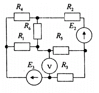 1.	Составить на основании законов Кирхгофа систему уравнений для расчета токов в ветвях электрической цепи (математическая модель) <br />2.	Определить токи во всех ветвях электрической цепи <br />3.	Определить показание вольтметра <br />4.	Составить баланс мощностей для исходной электрической цепи <br />5.	Построить в масштабе потенциальную диаграмму для внешнего контура. <br /><b>Вариант 8</b>   <br />Дано: E2 = 50 В, Е3 = 65 В, R1 = 10 Ом, R2 = 15 Ом, R3 = 7 Ом, R4 = 5 Ом, R5 = 8 Ом, R6 = 10 Ом