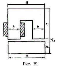 Рассчитать обмотку подковообразного электромагнита с силой притяжения F = 785 Н, если обмотка присоединена к источнику постоянного напряжения U = 48 В и допустимая плотность тока δ = 2 А/мм<sup>2</sup>.<br />Сердечник и якорь электромагнита выполнены из литой стали, причем а = 10 см и b = 4 см (рис.19). Во избежание прилипания якоря к полюсам электромагнита предусмотрена прокладка из неферромагнитного материала толщиной l<sub>0</sub> = 0.5 мм.