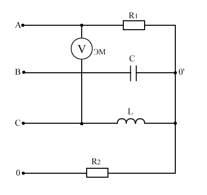 Дано: R<sub>1</sub> = R<sub>2</sub> = ω<sub>L</sub> = 1/ω<sub>C</sub> = 10 Ом. Генератор вырабатывает симметричную трехфазную систему ЭДС, для которой,  e<sub>C</sub> = 100sin(ωt) + 50sin(3ωt) + 10cos(5ωt), B Определить показание вольтметра электромагнитной системы.