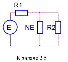 На схеме Е – источник постоянного напряжения. R1 = R2 = 50 Ом. NE – нелинейный элемент. Его ВАХ описывается выражением U(I) = 30*sqrt(I). При каком напряжении Е через нелинейный элемент идет ток 0.25 А? Какая мощность тогда на нем рассеивается?