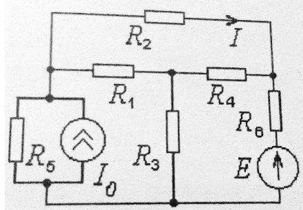 Электрическая цепь находится в режиме постоянного тока. Провести анализ цепи относительно тока, положительное направление которого задана на рисунке и отыскать мощность, рассеиваемую на этой ветви. Методы анализа выбираются из таблицы 2 в соответствии с номером подварианта. <br />Вариант 1, подвариант 8   <br />Дано: E = 9 В, J0 = 2 А, R1 = 5 Ом, R2 = 5 Ом, R3 = 1 Ом, R4 = 6 Ом, R5 = 3 Ом, R6 = 5 Ом. <br />Методы анализа: а) метод узловых напряжений г) метод наложения.