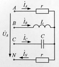 Определить токи в цепи, если источник питания симметричен и r = ωL = 1/ωC = 2 Ом, Ua = 20 В.<br /> Построить векторные диаграммы токов и напряжений.