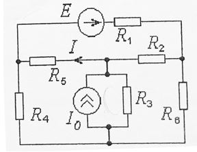 Электрическая цепь находится в режиме постоянного тока. Провести анализ цепи относительно тока, положительное направление которого задана на рисунке и отыскать мощность, рассеиваемую на этой ветви. Методы анализа выбираются из таблицы 2 в соответствии с номером подварианта. <br />Вариант 2, подвариант 9   <br />Дано: E = 5 В, J0 = 4 А, R1 = 2 Ом, R2 = 6 Ом, R3 = 8 Ом, R4 = 4 Ом, R5 = 5 Ом, R6 = 4 Ом. <br />Методы анализа: а) метод узловых напряжений б) контурных токов