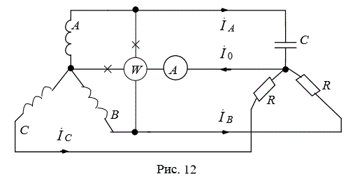 Амплитудное значение э.д.с. фаз генератора 141 В. <br />Определить показание амперметра в схеме на рис. 12, если 1/(ωC) = R = 25 Ом (ответ округлить до десятых долей). <br />По данным этого примера определить показание ваттметра (ответ округлить до целого числа). <br />Построить векторную диаграмму всех токов по данным примера  