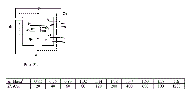 Выполнить расчет разветвленной магнитной цепи (рис. 22).<br />Параметры магнитопровода:<br />l1 = 19.5 см; S1 = 7.7 см;<br />l2 = 10 см; S2 = 2.1 см;<br />l3 = 4.2 см; S3 = 1.8 см.<br />Значения токов и количество витков в соответствующих обмотках:<br />I2 = 0.5 А; I3 = 0.2 А; I4 = 0.4 А;<br />w2 = 200; w3 = 500; w4 = 125.<br />Найти значения магнитных потоков Ф1 и Ф2.<br />Магнитные свойства стали сердечника заданы таблично.