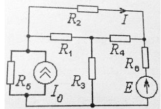 Электрическая цепь находится в режиме постоянного тока. Провести анализ цепи относительно тока, положительное направление которого задана на рисунке и отыскать мощность, рассеиваемую на этой ветви. Методы анализа выбираются из таблицы 2 в соответствии с номером подварианта. <br />Вариант 6, подвариант 3   <br />Дано: E = 5 В, J0 = 6 А, R1 = 4 Ом, R2 = 9 Ом, R3 = 4 Ом, R4 = 9 Ом, R5 = 8 Ом, R6 = 2 Ом. <br />Методы анализа: а) метод узловых напряжений б) метод контурных токов.